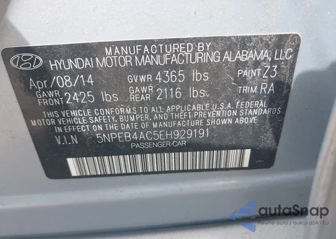 2014 Hyundai Sonata Gls из США, поврежденный, VIN 5NPEB4AC5EH929191